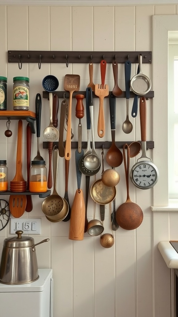 A collection of antique kitchen utensils and gadgets hanging on a wall, featuring wooden spoons, metal ladles, and a classic clock.