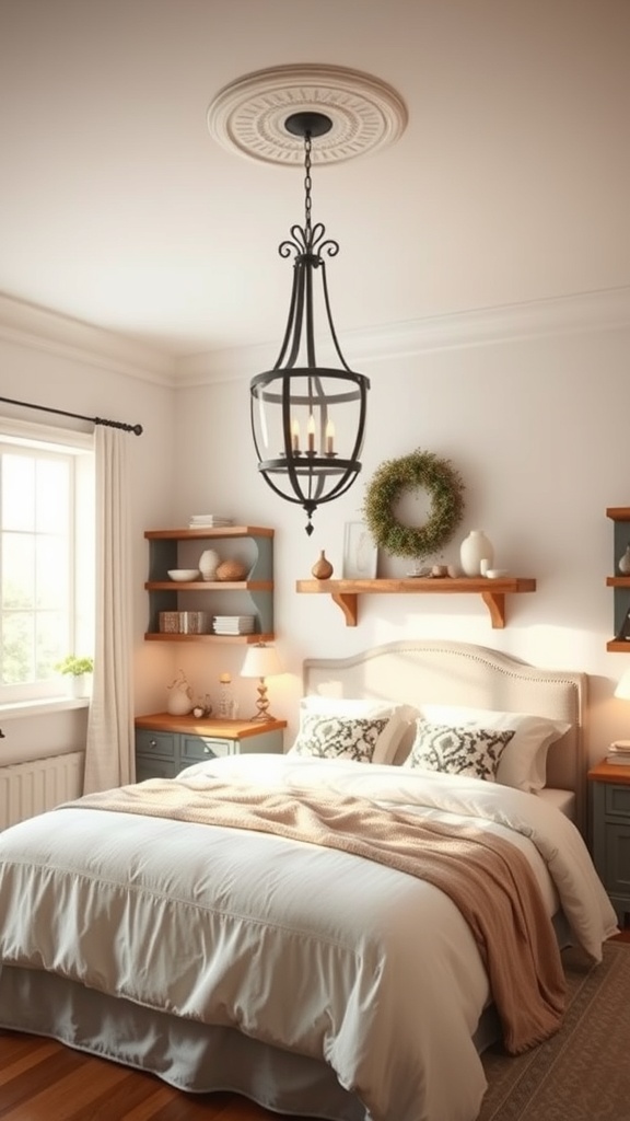 A cozy kitchen with an antique lantern-style lighting fixture hanging from the ceiling.