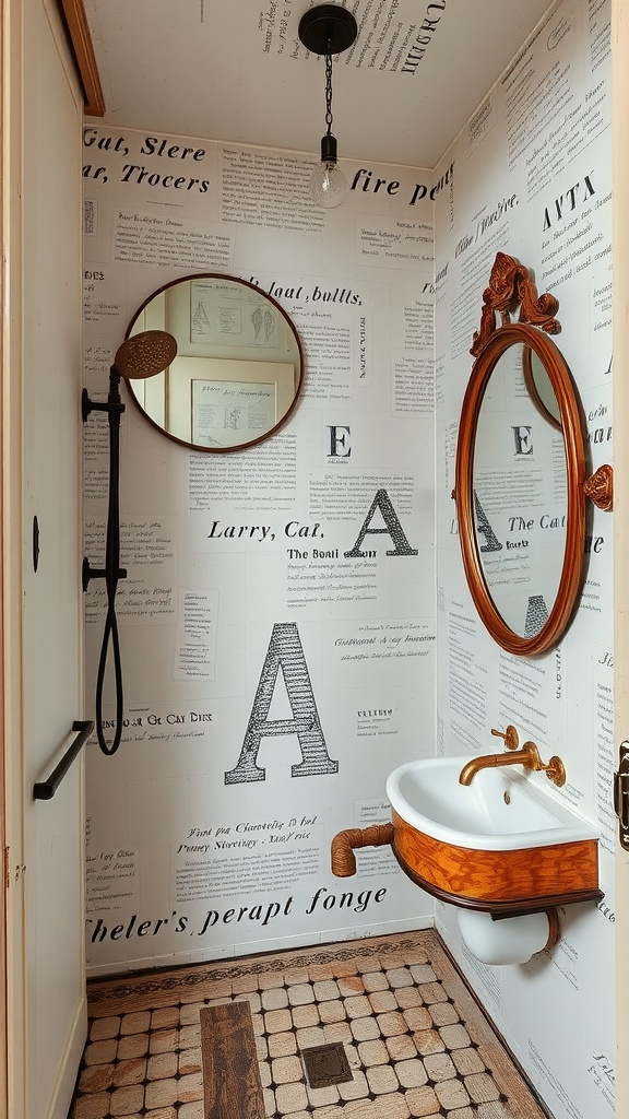 A rustic bathroom featuring two antique mirrors, modern fixtures, and patterned wallpaper
