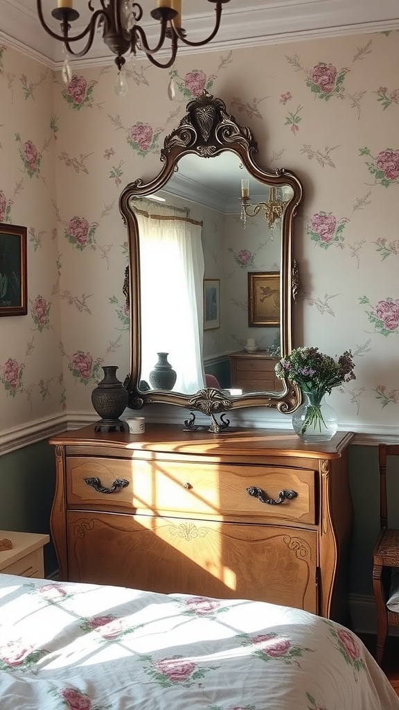 A cozy cottagecore bedroom featuring an antique mirror on a wooden dresser with floral wallpaper and decorative items.