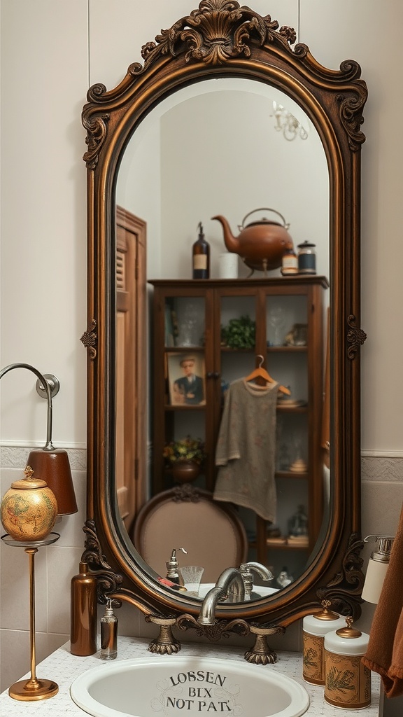 Antique mirror with ornate frame in a rustic bathroom setting.