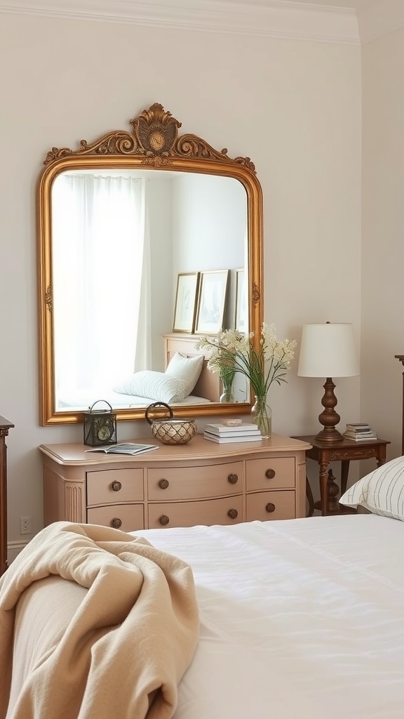 A cozy bedroom featuring an antique mirror with an ornate frame above a dresser, soft bedding, and warm decor elements.