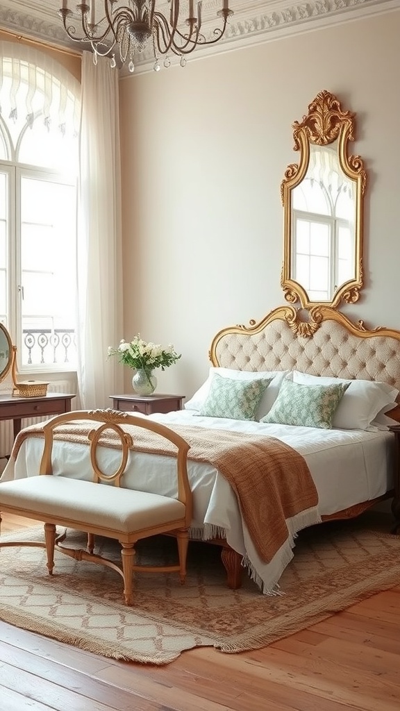A vintage bedroom featuring an ornate antique mirror above a bed, with elegant decor and warm lighting.