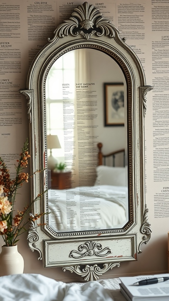 A vintage mirror with intricate carvings reflecting a cozy bedroom setting