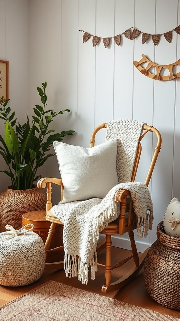 A vintage rocking chair with a throw blanket, surrounded by plants and woven decor in a nursery setting.