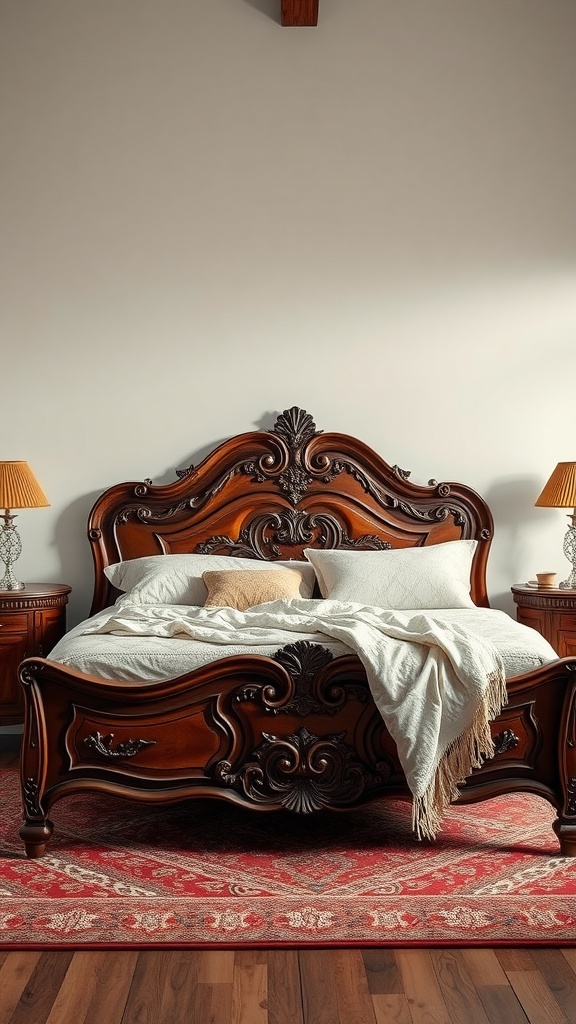 Antique wooden bed frame with intricate carvings, soft linens, and a vintage rug