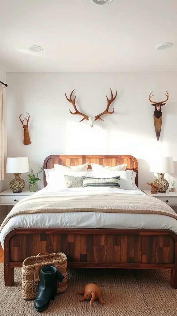 A cozy western bedroom featuring antler accents on the walls, a wooden bed, and natural decor elements.