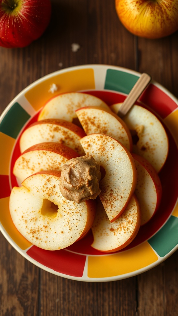 A plate of apple slices sprinkled with cinnamon and a dollop of peanut butter