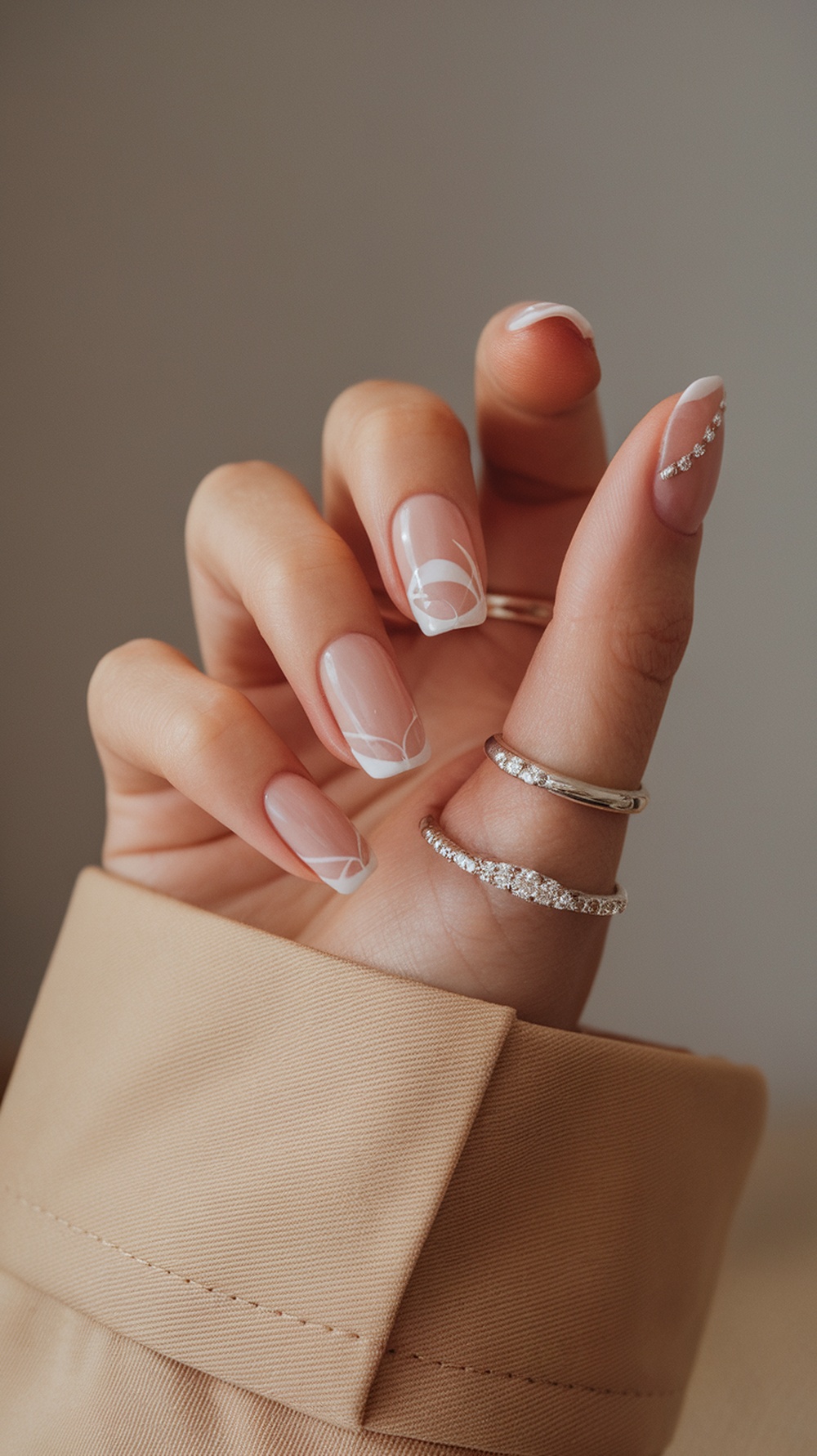 A hand displaying beautifully manicured nails with a cotton candy chrome finish, adorned with elegant designs and rings.