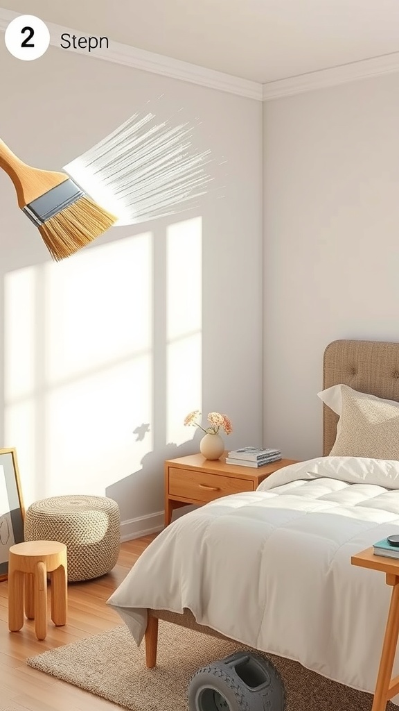A brush applying clear coat in a bright bedroom setting