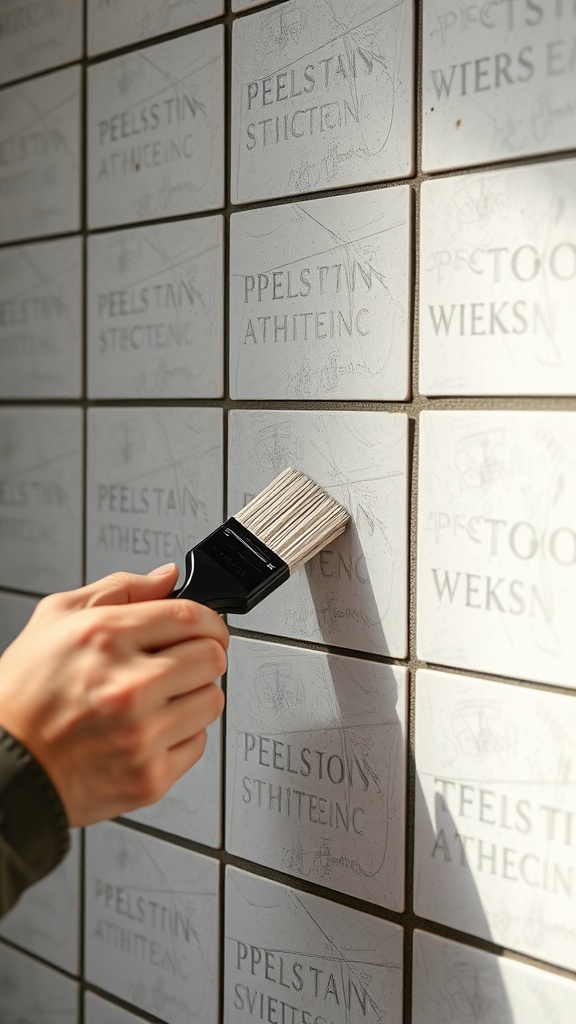 A person applying adhesive to a peel and stick tile with a brush.