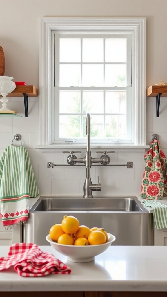 A farmhouse kitchen featuring a stainless steel apron front sink, colorful dish towels, and a bowl of lemons.
