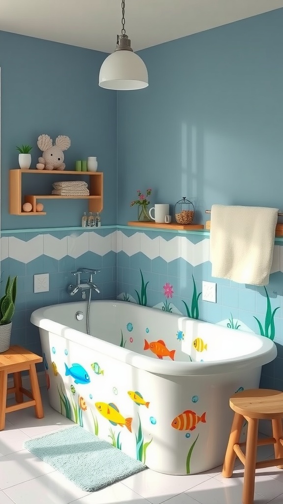 A bright and cheerful aquatic-themed bathroom featuring a bathtub with colorful fish designs, blue walls, and wooden stools.