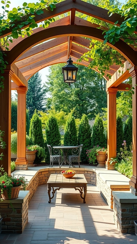 Beautiful arched wooden pergola with benches and a table, surrounded by greenery.