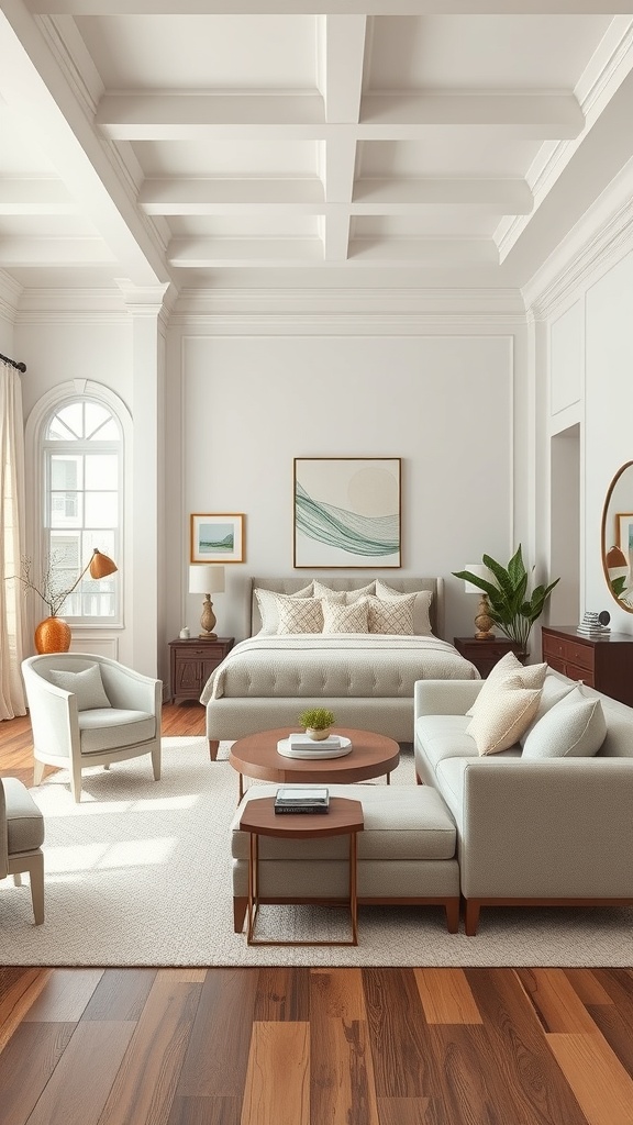 A spacious living room featuring a coffered ceiling, large windows, and light-colored furniture.