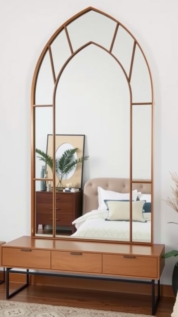 A large architectural mirror with an arched design above a wooden dresser in a cozy bedroom setting.