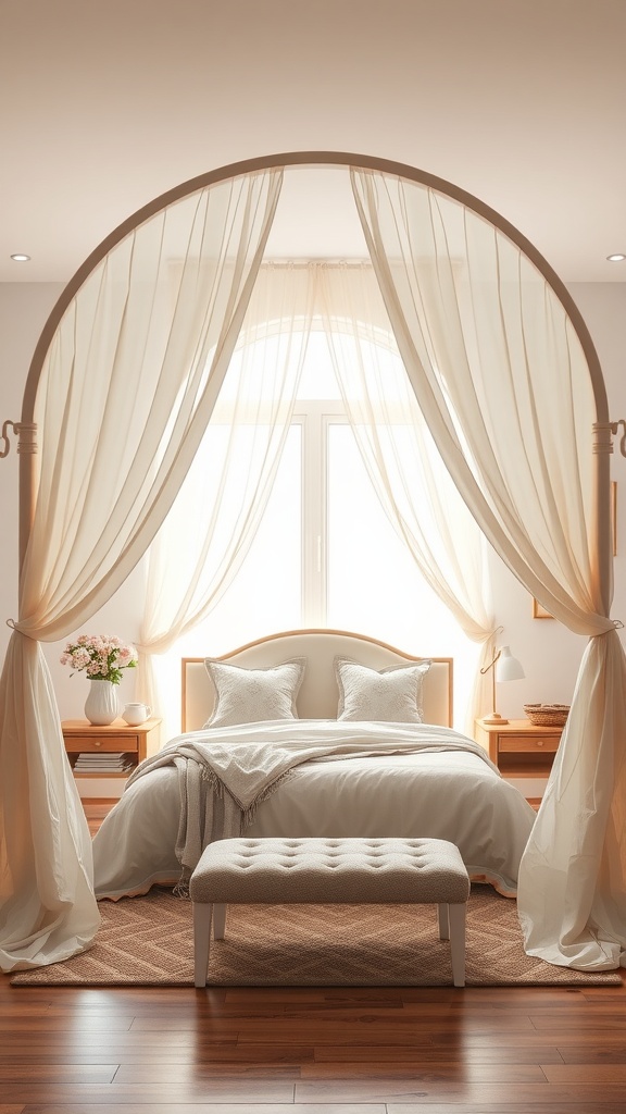 A bedroom with an archway canopy and curtains, featuring a cozy bed and warm decor.