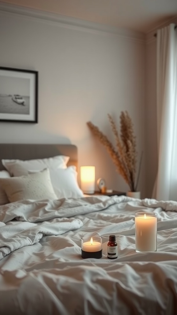 A calm bedroom featuring candles and essential oils on a bed