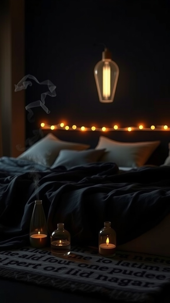 A cozy dark bedroom featuring candles and warm lighting.