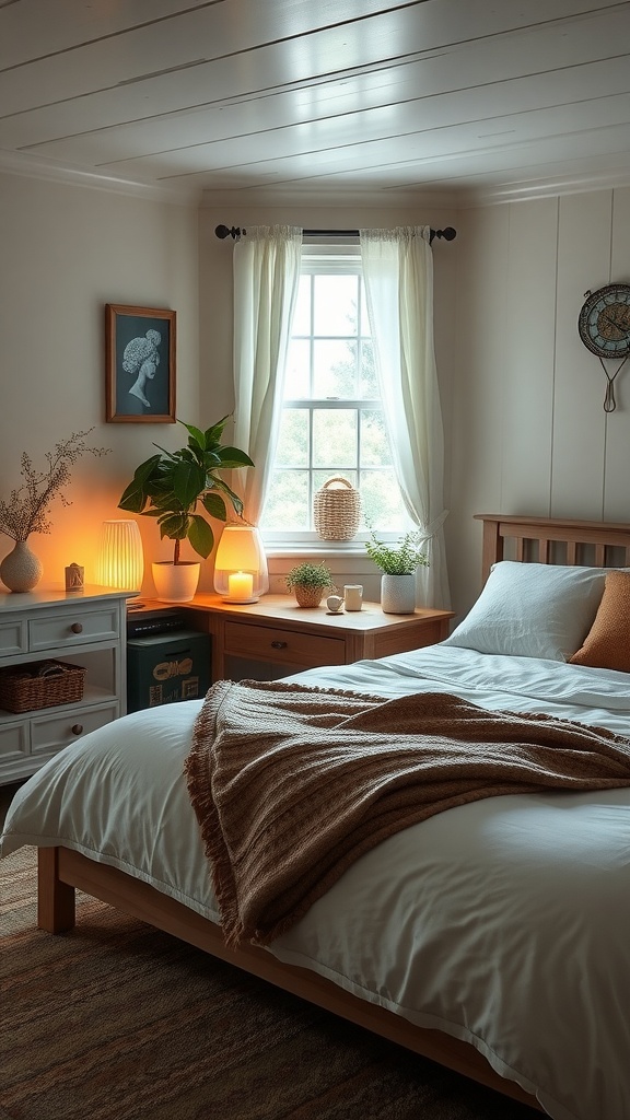 A cozy cottage bedroom with soft lighting, plants, and a warm atmosphere