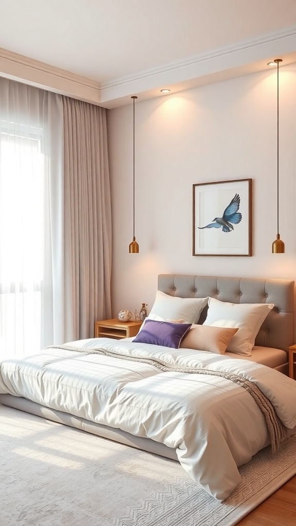 A serene bedroom with soft colors, natural light, and a calming atmosphere.