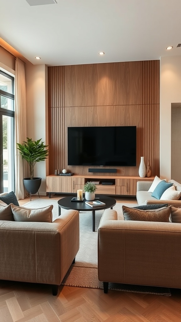 A modern living room with two sofas facing a large TV, a coffee table in the center, and a plant in the corner.