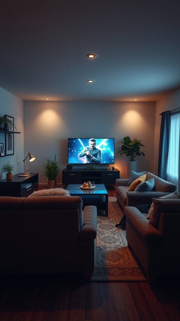 Cozy living room with a TV setup for optimal viewing, featuring comfortable sofas, a coffee table, and warm lighting.