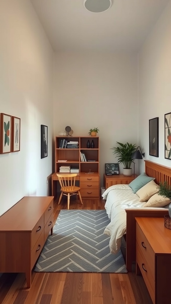 A long narrow bedroom with furniture arranged along one wall, including a bed, desk, and storage.