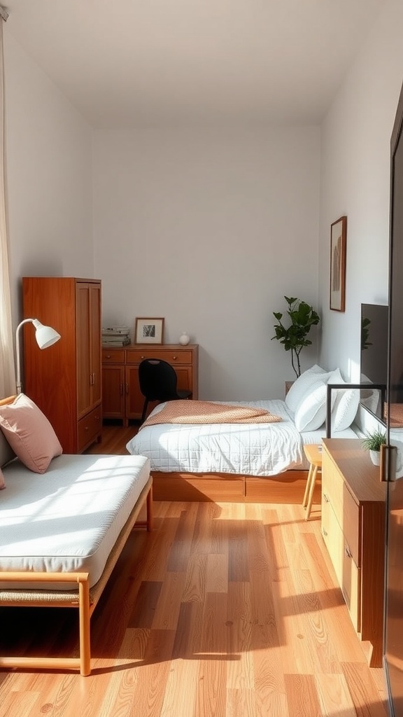 A narrow bedroom featuring a bed, a daybed, a desk area, and wooden furniture, creating a cozy and open atmosphere.