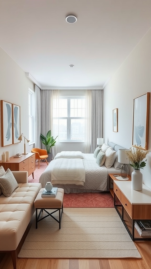 A well-arranged long narrow bedroom featuring a bed, seating area, and decorative elements.