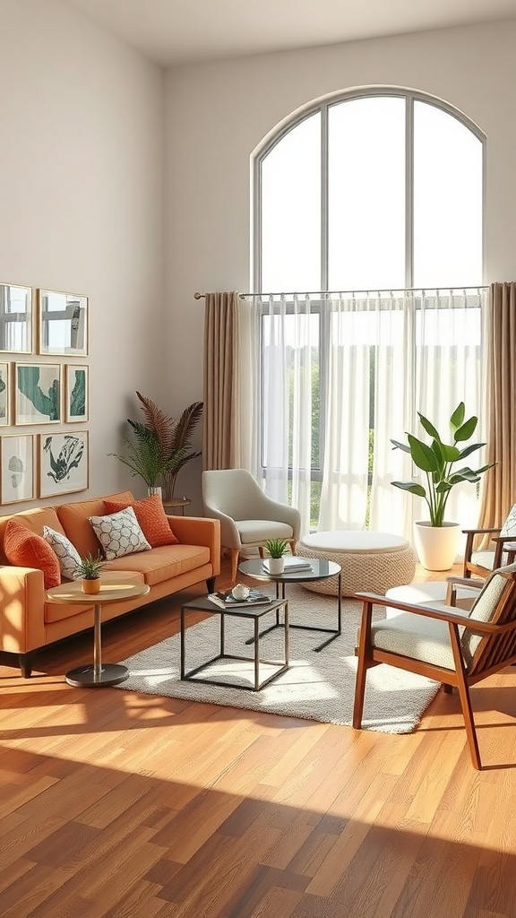A cozy living room arrangement featuring a couch, armchairs, coffee table, and large windows with natural light.