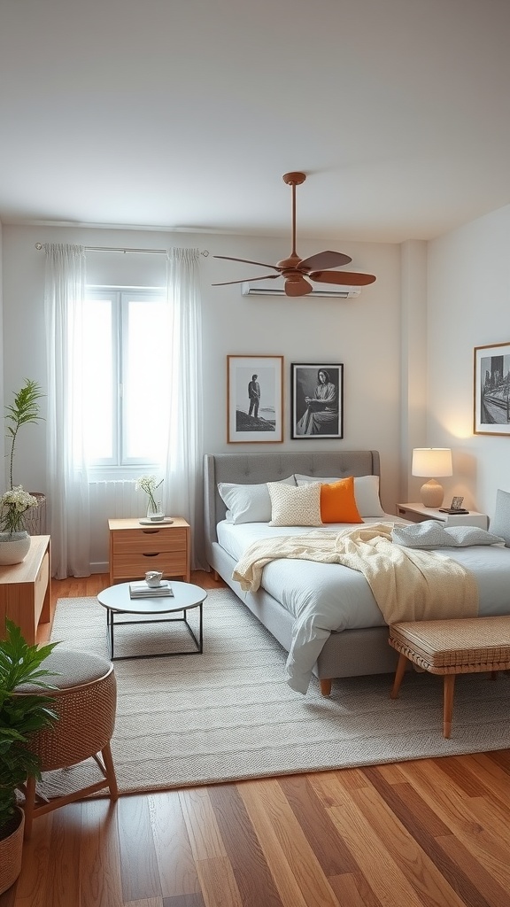 A cozy bedroom with a central bed, nightstands, a reading nook, and natural light.