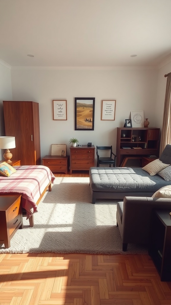 A cozy bedroom with a bed, dresser, and seating area, showcasing a functional furniture layout.