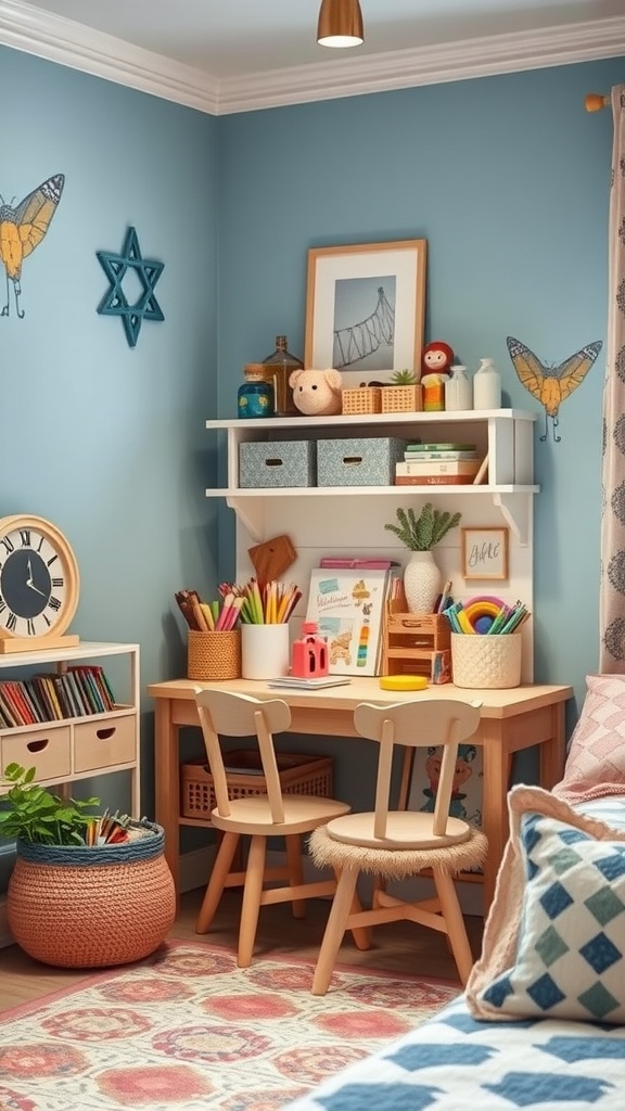 A cozy art and craft corner in a toddler's bedroom featuring a wooden desk, colorful supplies, and organized storage.