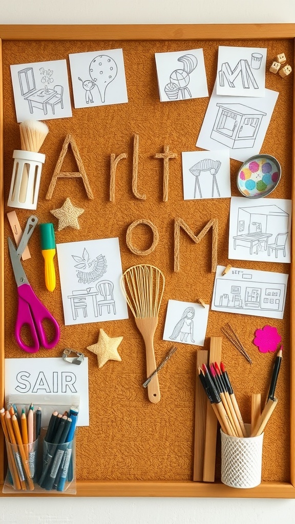 A cork board featuring art supplies, sketches, and craft tools positioned in a cozy bedroom setting.