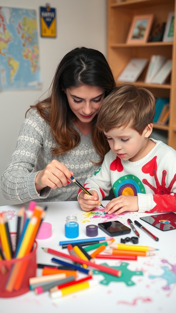 A mother and son engaged in an art and craft session, surrounded by colorful art supplies.