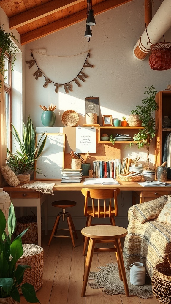 A cozy art and craft studio with wooden furniture, plants, and natural light.