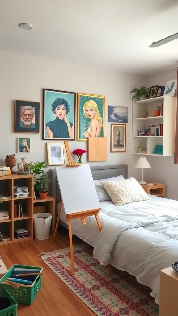 A cozy art and creativity corner in a teen boy's bedroom featuring art on the walls, an easel, and organized shelves.