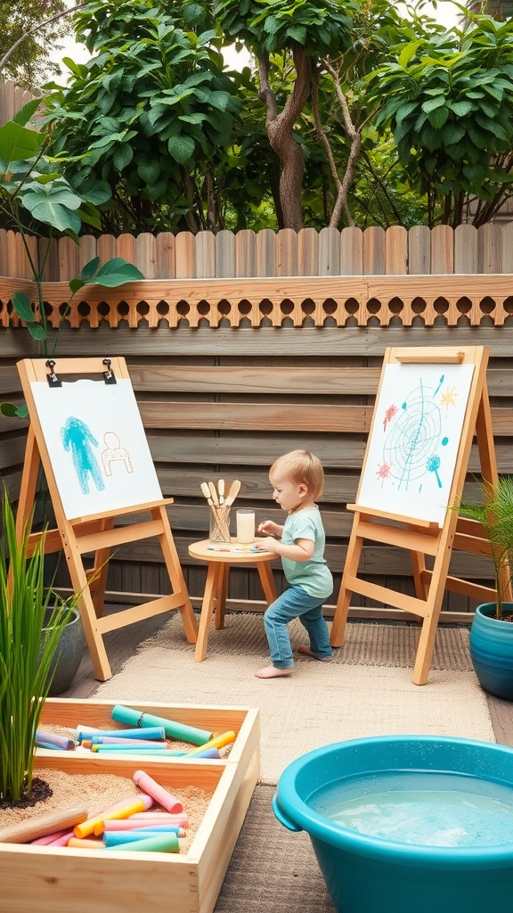 A toddler engaged in creative play in an outdoor area with easels and a sensory sandbox.