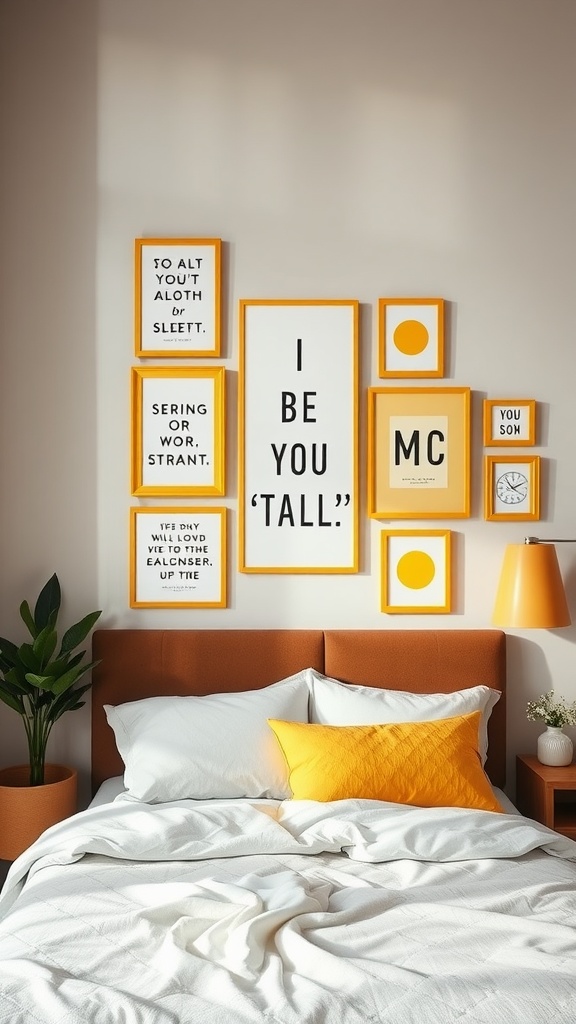 A mustard yellow decorated wall with various framed art pieces in a cozy bedroom setting