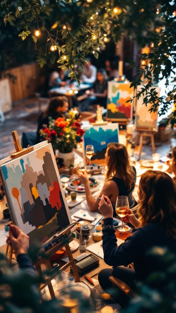 A vibrant Art and Wine Night scene with guests painting at tables, surrounded by greenery and twinkling lights.