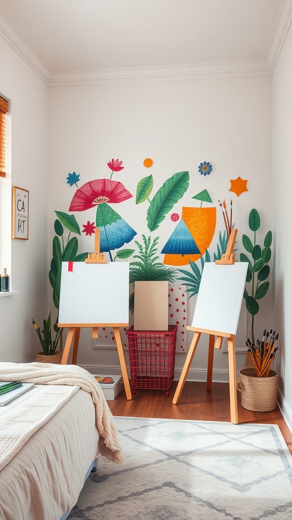 A colorful art corner with easels and vibrant wall decor in a bedroom