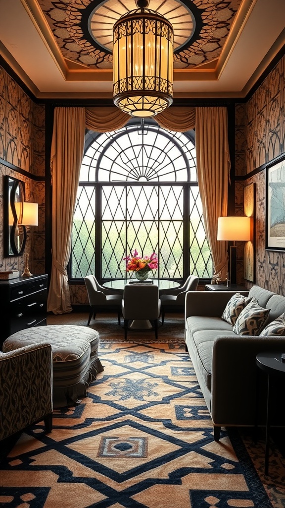 A beautifully designed Art Deco bedroom featuring geometric patterns, elegant furniture, and a large window.