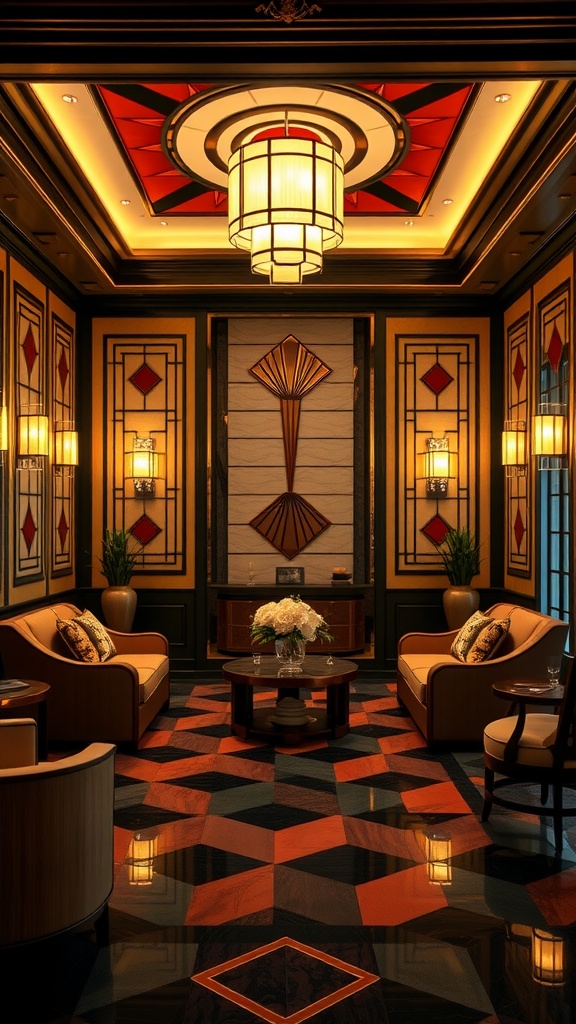 Elegant Art Deco living room featuring geometric patterns, rich colors, and sophisticated lighting.