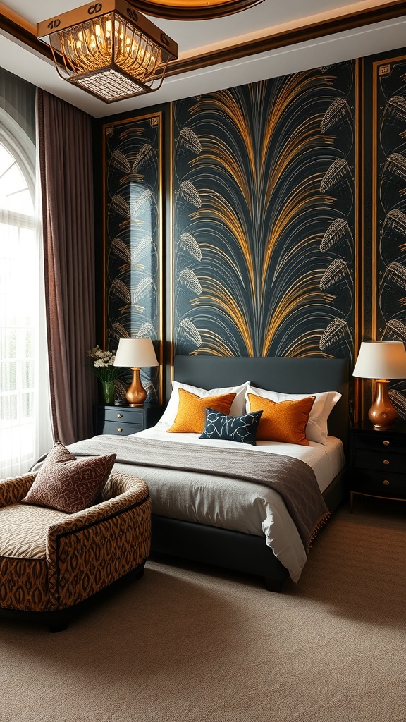 A stylish Art Deco bedroom featuring bold wallpaper, a dark bed frame, and elegant lighting.