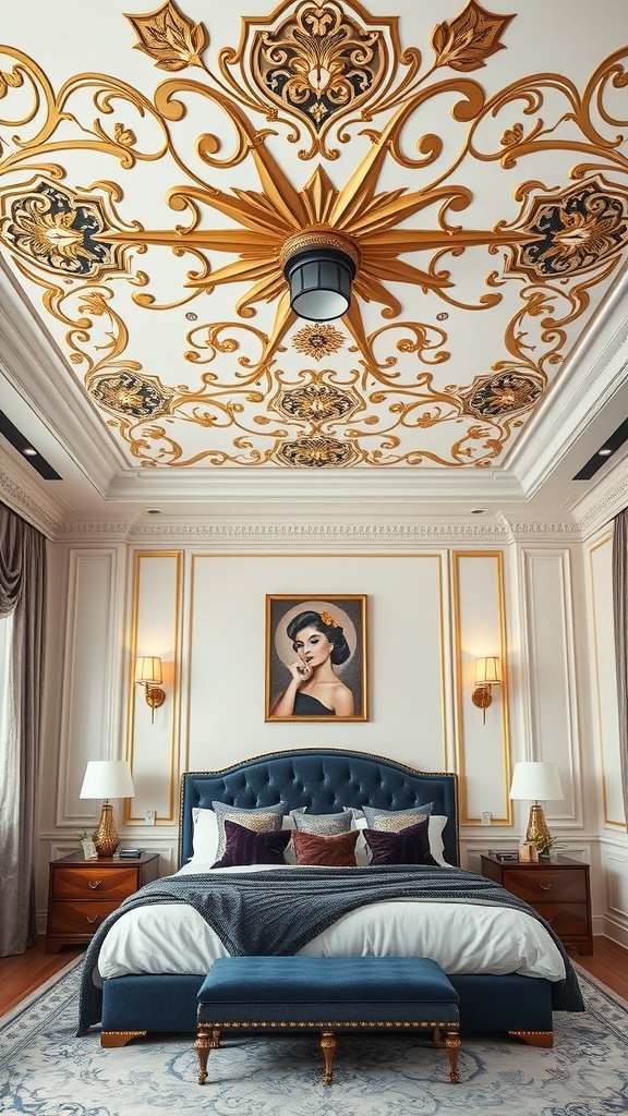 A luxurious bedroom featuring a painted ceiling with gold and black designs, a blue bed with plush pillows, and elegant decor.