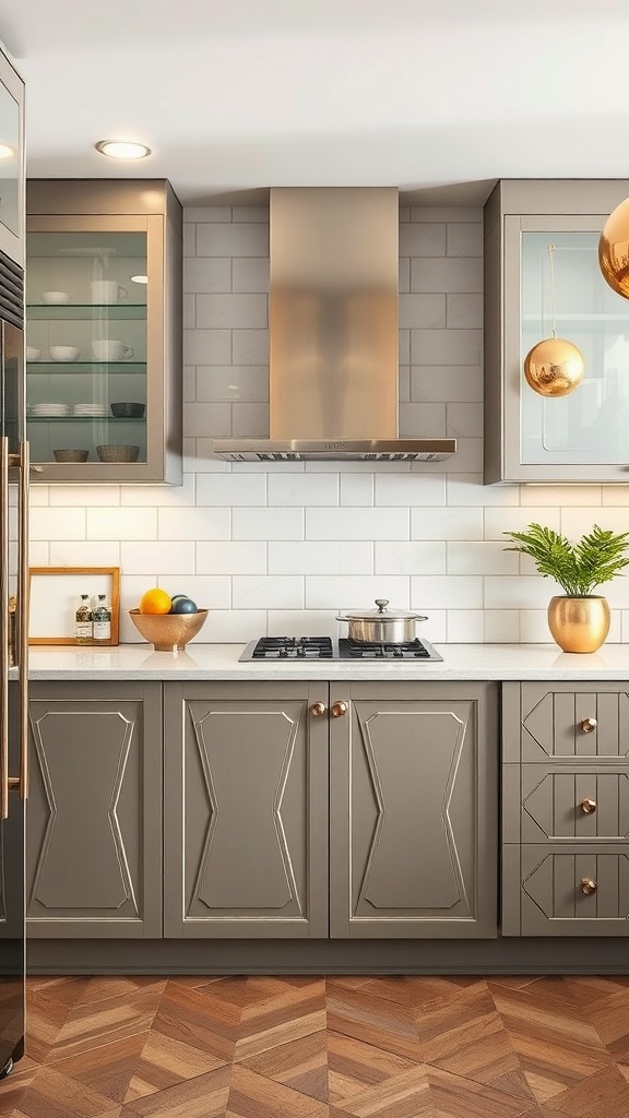A stylish kitchen featuring Art Deco elements, gray cabinetry, gold hardware, and geometric designs.