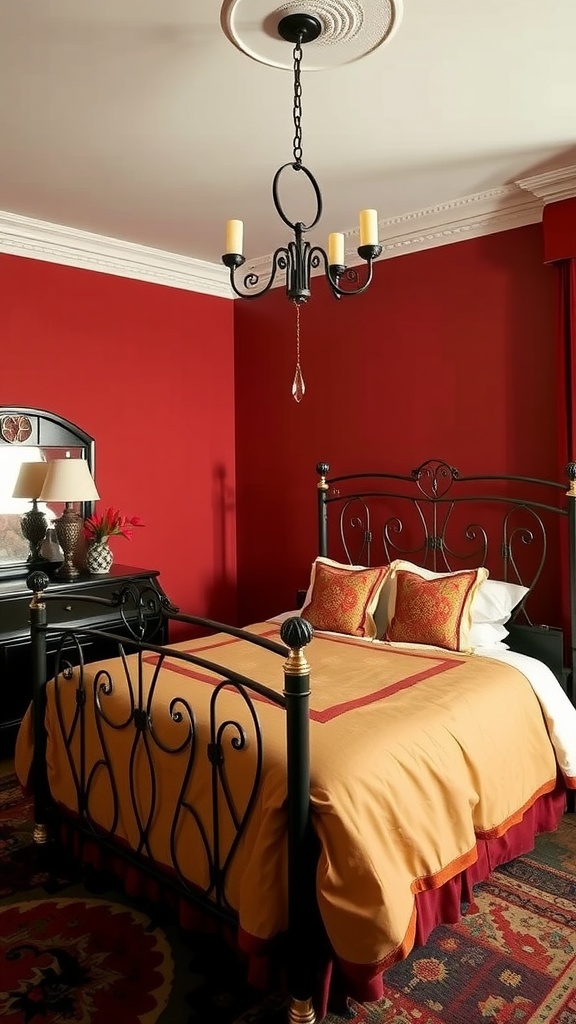 A stylish bedroom featuring a sculptural metal bed frame, rich red walls, and elegant decor.