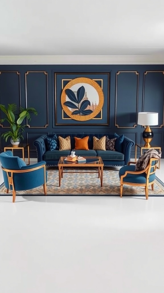 A stylish living room featuring a navy blue sofa, accent chairs, and Art Deco elements.