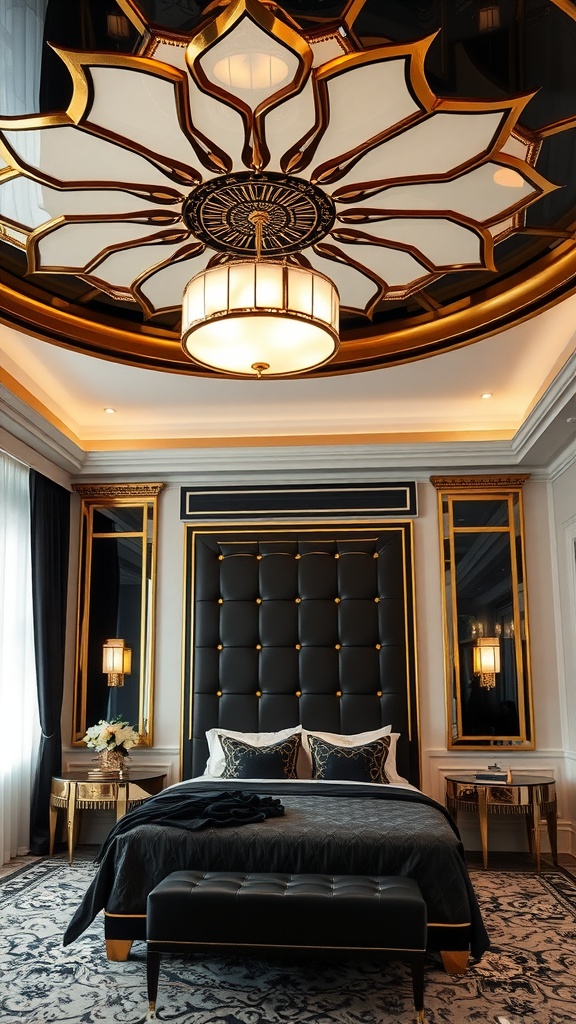 A luxurious bedroom featuring a painted Art Deco ceiling with geometric patterns and gold accents